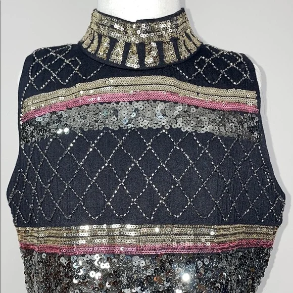 Suzy Sheer Black and Gold Embellished Sequin Cocktail Dress Size Small - Picture 2 of 10